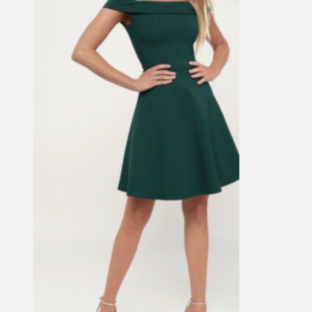 Lulu's Seasons of Fun Forest Green Off the Shoulder Dress